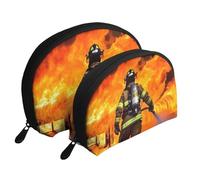 Firefighter Fireman Flame Portable Shell Cosmetic Bag Set - Travel Makeup Organiser with Zipper & Inner Compartments