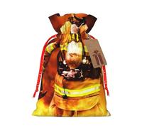 (Firefighter Fireman Flame) Print Christmas New Year Candy Gift Bag, Red Xmas Ribbon Drawstring Bags for Kids Xmas Holiday Eve Presents S Size