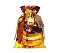 Firefighter Fireman Flame Printed Christmas Drawstring Bags with Yellow Christmas Ribbon - Reusable Burlap Drawstring Gift Pouches, S