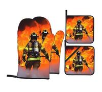 Firefighter Fireman Flame Printed Oven Mitts And Pot Holders Sets Of 4 Heat Resistant Non-Slip Oven Gloves For Kitchen Cooking Baking Bbq