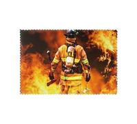 Firefighter Fireman Flame Printed Placemats Set of 6 PCS, Heat Resistant Non-Slip Table Mats for Dining Table, Washable Kitchen Place Mats for Indoor & Outdoor