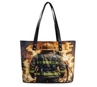 Firefighter Fireman Flame Tote Bag Large Soft Leather Purse with Zipper Lightweight Ladies Shoulder Handbag