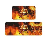 Firefighter Fireman Flameprint Kitchen Rugs And Mats Set Of 2,Kitchen Mat For Floor Non Slip, Runner Rugs With Rubber Backing For Kitchen Mat Decor Set