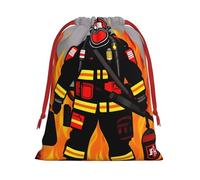 Firefighter Fireman Print Christmas Drawstring Gift Bags, Xmas Holiday Fabric Gift Wrapping Bag For Party, Size-L