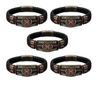 Firefighter Honor Bracelet, Black Braided Leather Maltese Cross Wristband, Thin Red Line Antique Bronze Fireman Jewelry, Courage Sacrifice Hero Tribute Apparel Accessory Gift for Men (5PCS)