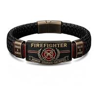 Firefighter Honor Bracelet, Black Braided Leather Maltese Cross Wristband, Thin Red Line Antique Bronze Fireman Jewelry, Courage Sacrifice Hero Tribute Apparel Accessory Gift for Men (1PCS)