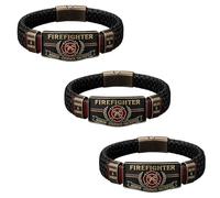 Firefighter Honor Bracelet, Black Braided Leather Maltese Cross Wristband, Thin Red Line Antique Bronze Fireman Jewelry, Courage Sacrifice Hero Tribute Apparel Accessory Gift for Men (3PCS)