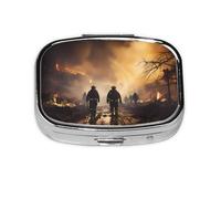Firefighters Fighting Fires Square Pill Box with Full Print Design - Portable Metal Travel Case for Vitamins & Medication, 2.2x1.6x0.7 Inch.