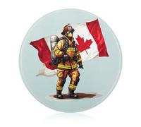 Firefightman Canada Flag Funny Tempered Glass Cutting Board Portable Round Chopping Block Easy to Clean 7.9" for Kitchen Travel