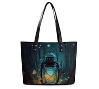Fireflies And Lantern Leather Tote Bag for Women Work Shoulder Purses with Zipper Waterproof Large Computer Shoulder Bag Fashion Ladies Shoulder Handbag Reusable Shopping Bags