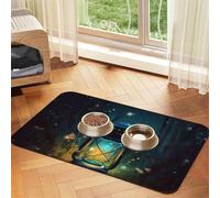 Fireflies and Lantern Pet Feeding Mat Absorbent Pu Leather Dog Cat Food Mats Contain Spills Protects Floors, Anti-Slip Rubber Backing Dog Bowl Mats Easy Clean Pet Placemats 30x45cm