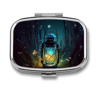 Fireflies and Lantern Pill Box 2 Compartments Portable Travel Pill Case Mini Medicine Organizer for Pocket Purse Metal Waterproof Medicine Container Holder Vitamin Fish Oil