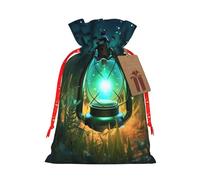 (Fireflies and Lantern) Print Christmas New Year Candy Gift Bag, Red Xmas Ribbon Drawstring Bags for Kids Xmas Holiday Eve Presents S Size