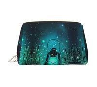Fireflies and Lantern Print Premium Leather Toiletry Travel Pouch with Waterproof Portable Pouch Open Flat Makeup Bag