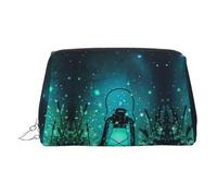 Fireflies and Lantern Print Premium Leather Toiletry Travel Pouch with Waterproof Portable Pouch Open Flat Makeup Bag