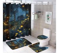 Fireflies Shower Curtains Set 4 Piece with Non-Slip Rugs, Toilet Lid Cover and Bath Mat Soft Bathroom Carpet Waterproof Bathroom Curtain with 12 Hooks for Bathroom Decor
