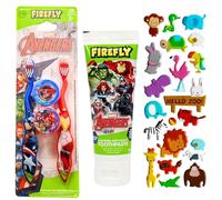 Firefly Marvel Avengers Kids Toothbrush Twin Pack with Travel Caps, Bubblegum Flavour Toothpaste 75ml, and 3D Puffy Sticker Sheet