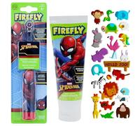 Firefly Spiderman Battery Powered Electric Toothbrush with Spiderman Toothpaste and A 3D Puffy Sticker Sheet (Sticker Design Picked At Random)