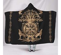 Firelife Viking Tree of Life Wolf Cuddle Blankets with Hood Sofa Blanket Sofa Blanket Fleece Blanket Sherpa Blanket Fluffy Blanket for Adults Children, Black, 130 x 150 cm