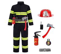 Fireman Costume, 8 Piece Set Kids Firefighter Costum with Hat Axe Intercom Waistband Fire Extinguisher Children Role Play Boys Costumes Dress Up Kid Firemen Outfit (Z1-Black #1, 14-15 Years)