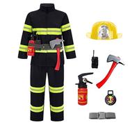 Fireman Costume, 8 Piece Set Kids Firefighter Costum with Hat Axe Intercom Waistband Fire Extinguisher Children Role Play Boys Costumes Dress Up Kid Firemen Outfit (Z1-Black #2, 3-4 Years)