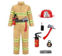 Fireman Costume, 8 Piece Set Kids Firefighter Costum with Hat Axe Intercom Waistband Fire Extinguisher Children Role Play Boys Costumes Dress Up Kid Firemen Outfit (Yellow, 4-5 Years)