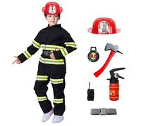 Fireman Costume 8 Piece Set Kids FiremanCostume Kid Firefighter Costume and Accessories with Fireman Jacket Pants Hat Axe Intercom Fire Extinguisher Firefighters Role Play Halloween Costumes Black