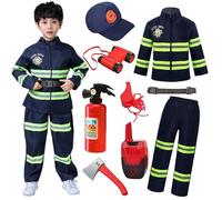 Fireman Costume Kids Fire Firefighter Dress-Up Set with Firefighter Toys Accessories Role Play Costumes for Boys Girls Fireman Outfits Fire Chief Halloween Carnaval Cosplay Costume,Blue 130cm