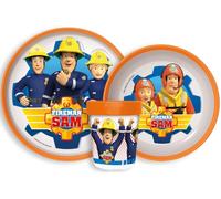 Fireman Sam Microwave Safe 3pcs Cartoon Character Non Slip Bicolor Premium Dinner Tableware Set for Children Plate, Bowl, & Cup Set BPA Free Reusable Plastic (Design 12)