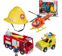 Fireman Sam Rescue Playset with Jupiter Fire Engine, Helicopter, 4x4 Truck, Helmet & Sam Figure - Friction-Powered Vehicles Toy Set for Kids Age 3+