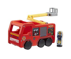 Fireman Sam Wooden Jupiter Free-Wheeling, Eco-friendly, FSC Wood Sustainable Pre-School Toy with Fireman Sam and Penny Two-Sided Figure, Red