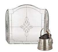 Fireplace Accessories Set Three Fold Fire Guard & Coal Scuttle Bucket Brushed Silver Recycled Cast Iron Vintage Style Fireside Accessories for Traditional Fireplaces