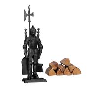 Relaxdays Modern Cast Fire Irons Knight, 4-Piece Fireplace Companion Set with Shovel, Broom, Poker and Rack, Black, 72 x 21 x 12.5 cm