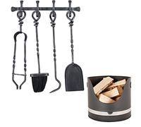 Fireplace Companion Set Wall Mounted Fireside Tools & Kindling Coal Bucket Log Basket