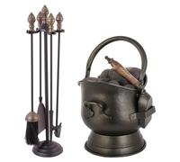 Fireplace Log Burner Accessories Set Vintage Style Brass Acorn 4pc Companion Set & Coal Hod Scuttle Bucket with Scoop Recycled Iron Fire Tools Set