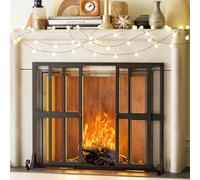 Fireplace Screen with Sliding Doors, 37.8" W x 35" H Handcrafted Wrought Iron Fire Spark Guard Fire Place Gate Protector for Living Room, Children and Pet Safety
