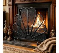 Fireplace Spark Guard, Metal Mesh Screen with Peacock Feather Design, Freestanding Fire Fence for Living Room and Bedroom Decor, Retro Finish, 96 x 81cm