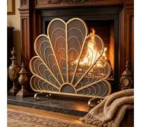 Fireplace Spark Guard, Metal Mesh Screen with Peacock Feather Design, Freestanding Fire Fence for Living Room and Bedroom Decor, Retro Finish, 96 x 81cm