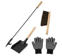 Fireplace Tool Set, 4-Piece Hearth Kit with Poker, Shovel and Brush | Thick Knit Gloves, 82 cm Fire Hook and Wooden Handles for Stove-Side Cleaning