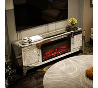 Fireplace TV Stand, Mirrored Silver TV Stand for 65 Inch TVs, Tall TV Stands Entertainment Center with Storage, TV Console Table for Living Room, Game Room