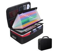 Fireproof Document Box with Lock, 14.2''×10.6''×4'' Waterproof Document Organiser with 13 Expanding Pockets & Labels, Portable File Storage Box for A4 Files,Certificates,Passports,Cash,Contract, Black