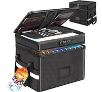 Fireproof Document Box with Lock, 2-Layer File Box for Documents with Handle, Portable Office Collapsible File Storage for Hanging Letters, Legal Size Folder, Certificate(Black, 13.6x15.6x12.2in)