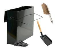 Fireside Black Ash Carrier With Shovel & Brush - Galvanised Metal Ash Storage Box For Fireplace & Stove