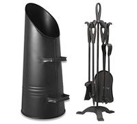 Fireside Black Coal Hod Scuttle Bucket + 5 Piece Companion Set Cast Iron Tools (21.5" Coal Hod + 22" Loop Top Companion Set)