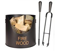 Fireside Kindling Log Bucket with Tools Firewood Log Basket with Tools | Fireside Tongs, Poker, Recycled Metal, Cast Iron, Log Basket, Firewood Basket, Log Cradle