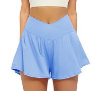 FireSwan Crossover Athletic Shorts for Women 2 in 1 Flowy Running Shorts with Pockets Spandex Butterfly Workout Tennis Skorts, Baby Blue, XS