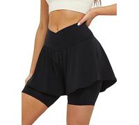 FireSwan Crossover Athletic Shorts for Women 2 in 1 Flowy Running Shorts with Pockets Spandex Butterfly Workout Tennis Skorts, Black-long Inner Layer, L