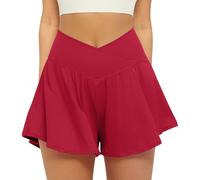 FireSwan Crossover Athletic Shorts for Women 2 in 1 Flowy Running Shorts with Pockets Spandex Butterfly Workout Tennis Skorts, Red, S