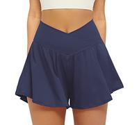 FireSwan Crossover Athletic Shorts for Women 2 in 1 Flowy Running Shorts with Pockets Spandex Butterfly Workout Tennis Gym Clothes Skorts, Navy Blue, L