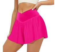 FireSwan Crossover Athletic Shorts for Women 2 in 1 Flowy Running Shorts with Pockets Spandex Butterfly Workout Tennis Skorts, Hot Pink, S